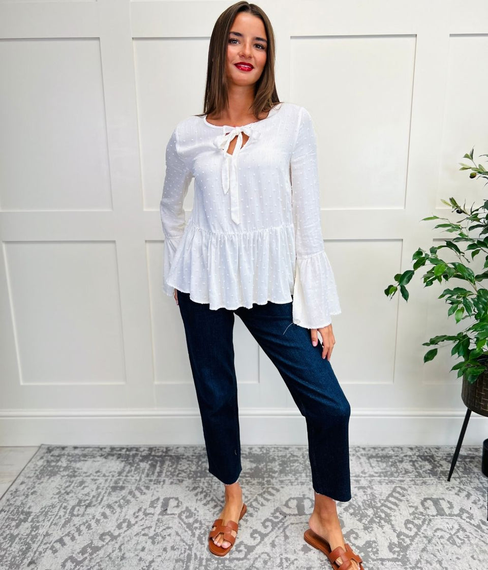 Ivory Tie Neck Dobby Blouse