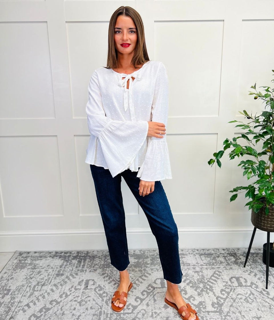 Ivory Tie Neck Dobby Blouse