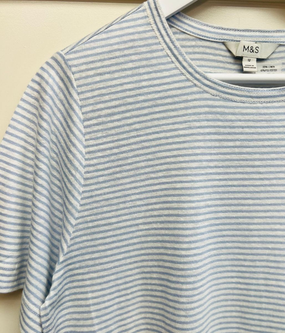 Blue Striped Linen Blend Side Vent Top
