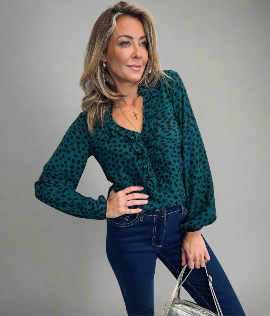 Women's Green Animal Print Ruffle Popover Blouse Top Shirt