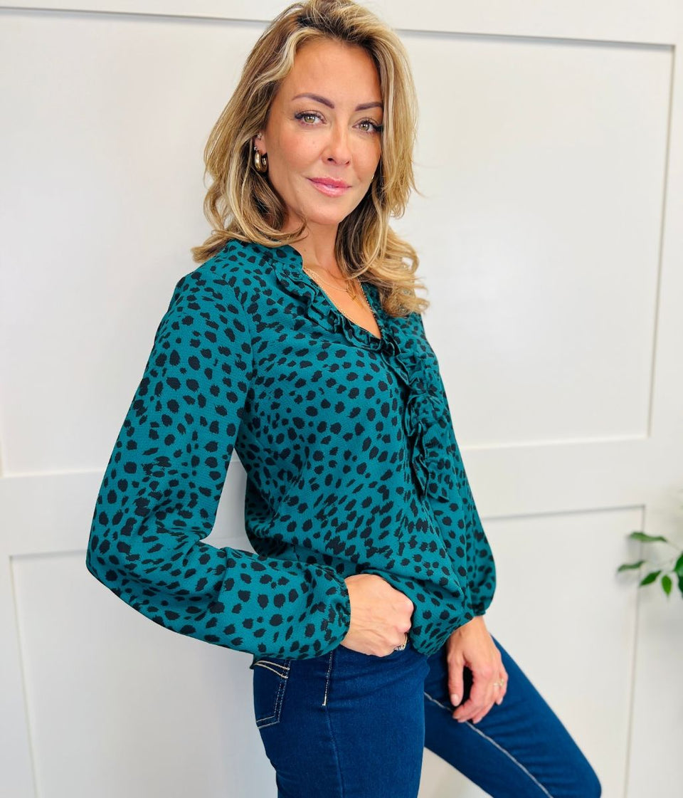 Green Animal Print Ruffle Popover Blouse