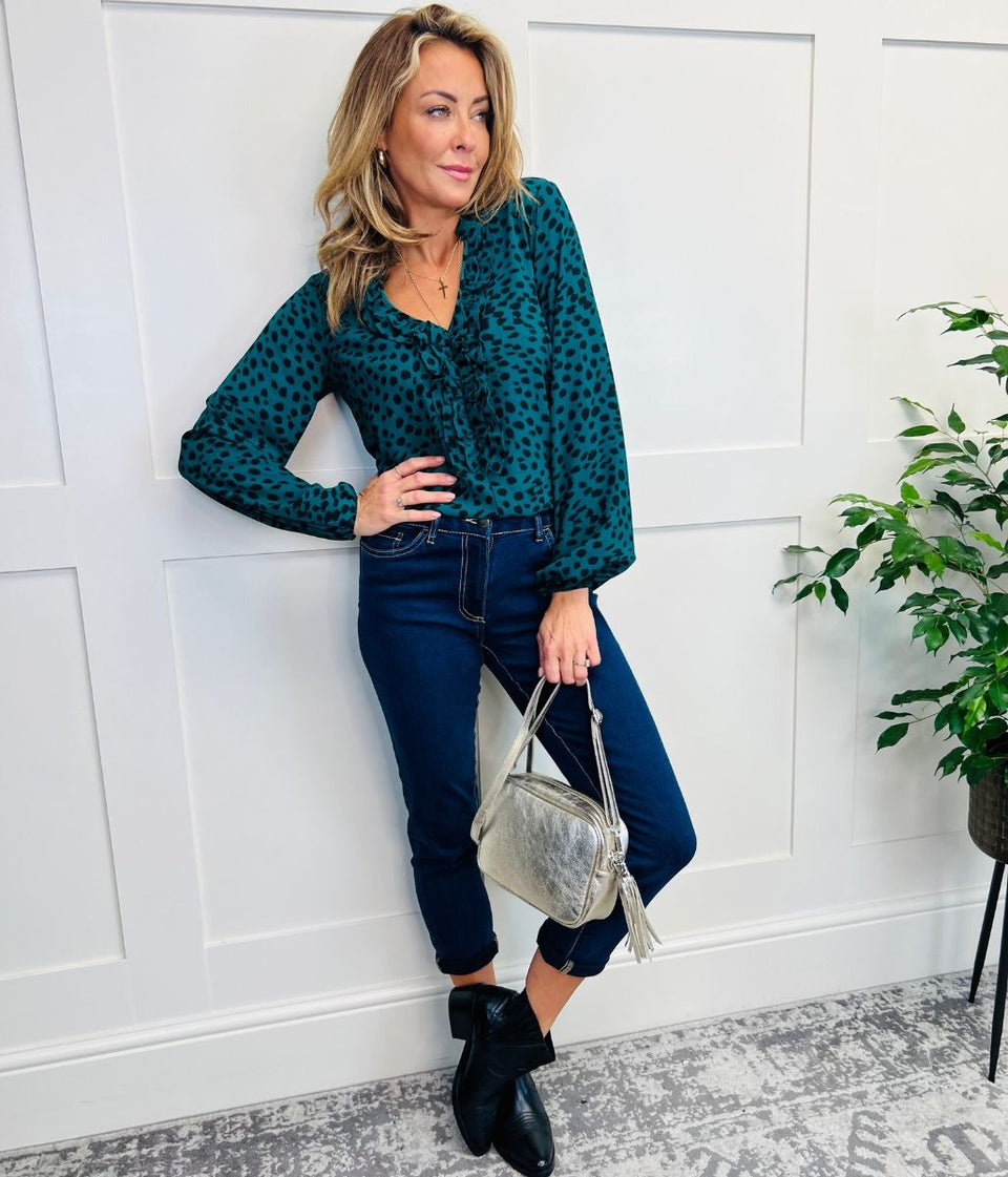 Green Animal Print Ruffle Popover Blouse