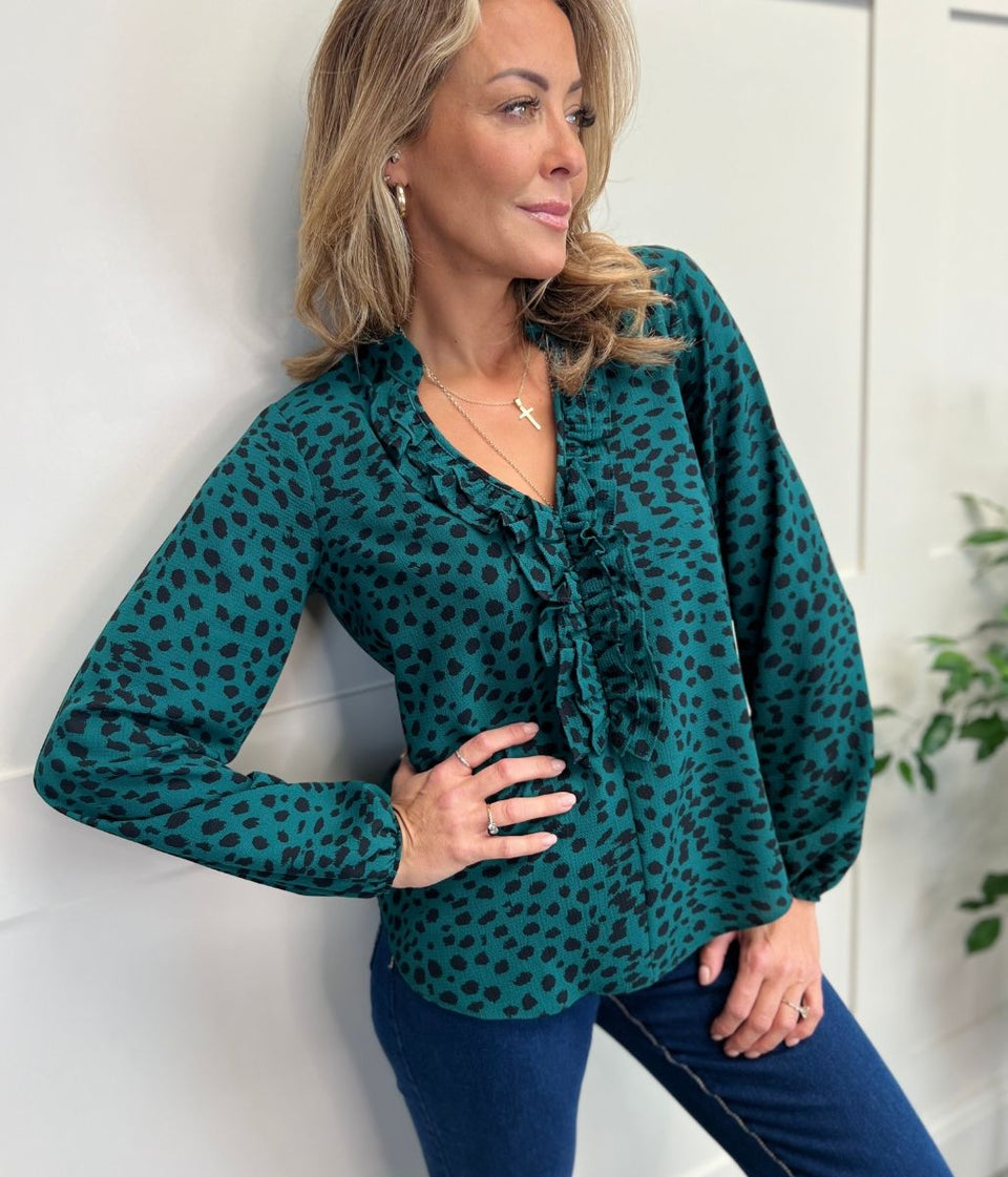 Green Animal Print Ruffle Popover Blouse