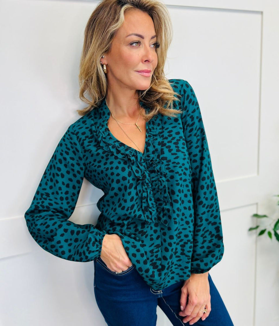 Green Animal Print Ruffle Popover Blouse