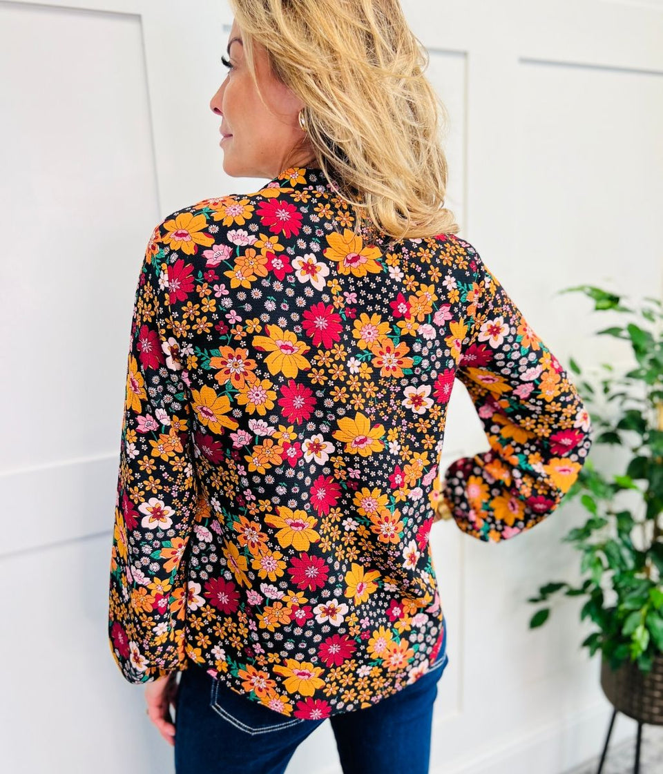 Autumn Floral Print Ruffle Popover Blouse