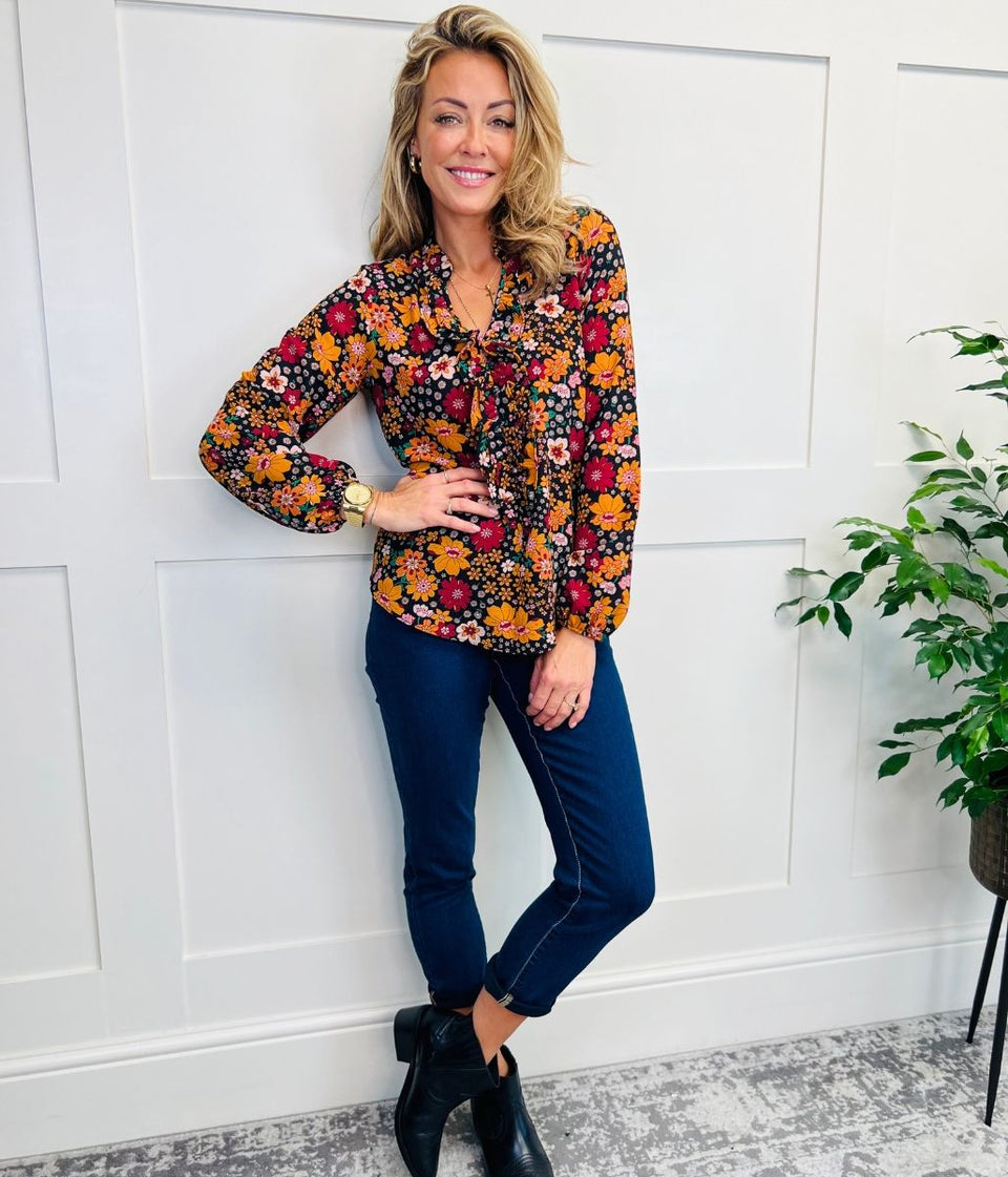 Autumn Floral Print Ruffle Popover Blouse