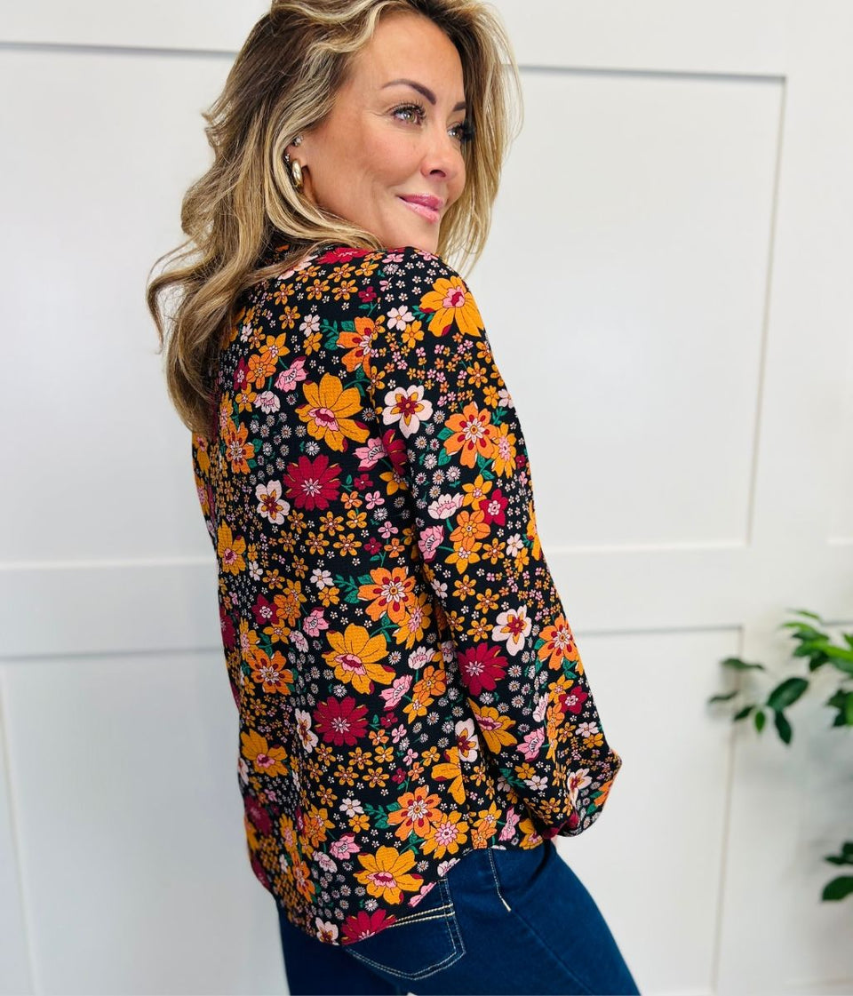 Autumn Floral Print Ruffle Popover Blouse