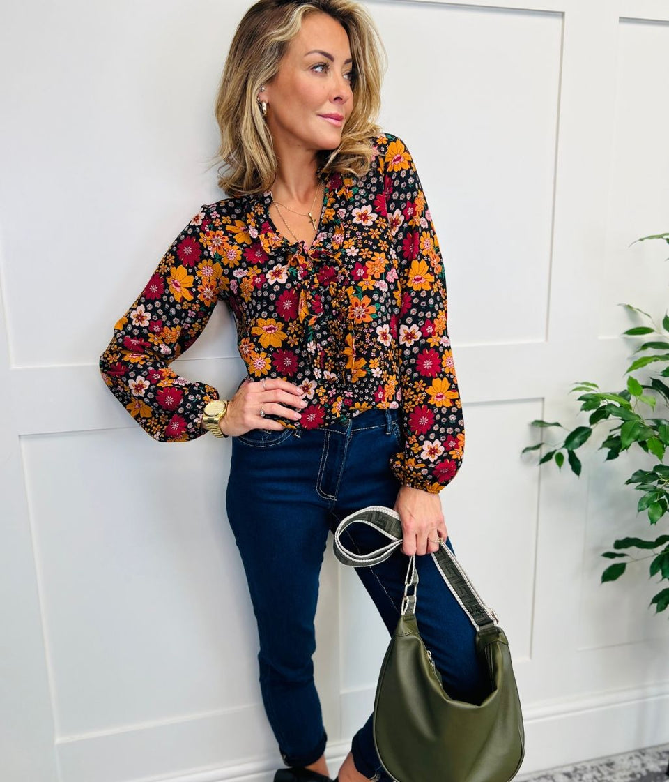 Autumn Floral Print Ruffle Popover Blouse