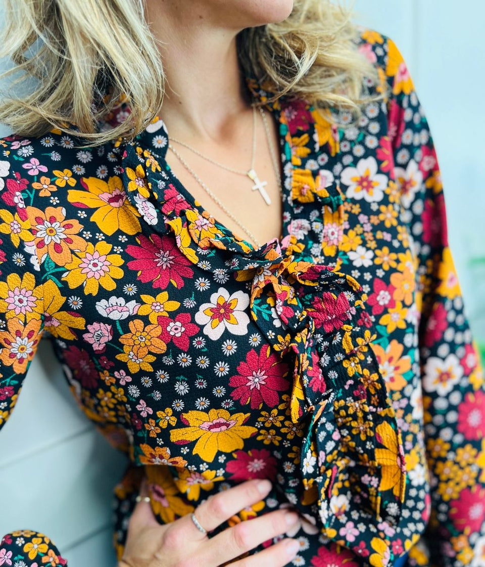 Autumn Floral Print Ruffle Popover Blouse