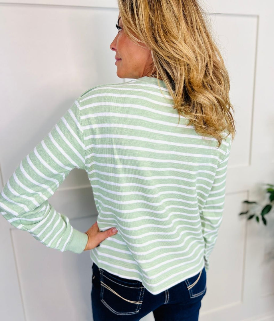 Green Striped Button Shoulder Sweatshirt