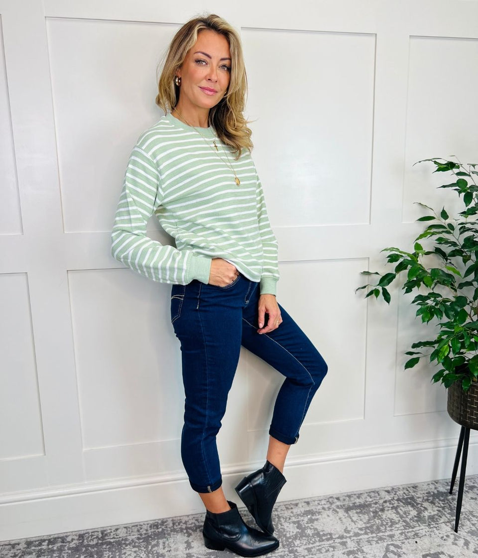 Green Striped Button Shoulder Sweatshirt