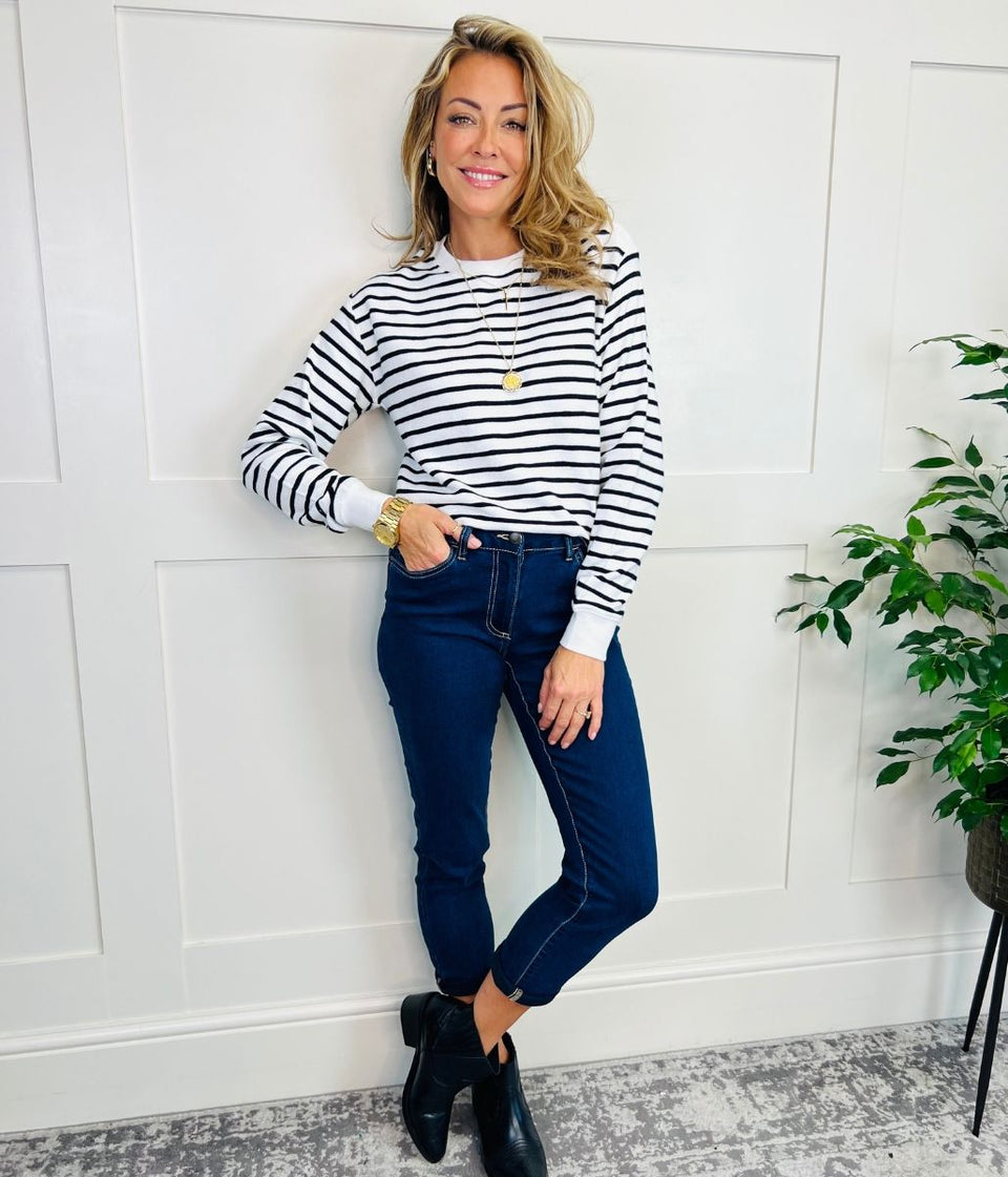 Ivory Striped Button Shoulder Sweatshirt