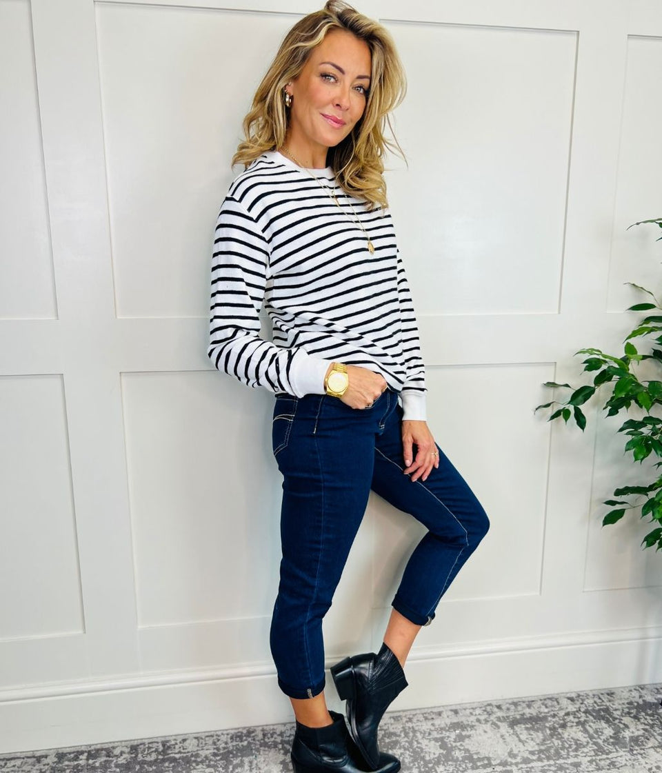 Ivory Striped Button Shoulder Sweatshirt