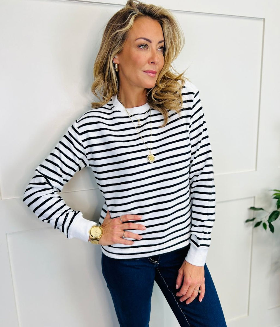 Ivory Striped Button Shoulder Sweatshirt