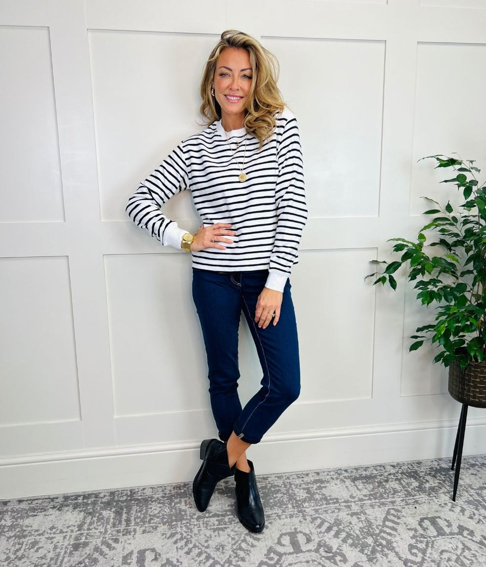 Ivory Striped Button Shoulder Sweatshirt