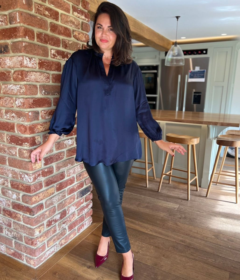 Navy Satin Popover Blouse