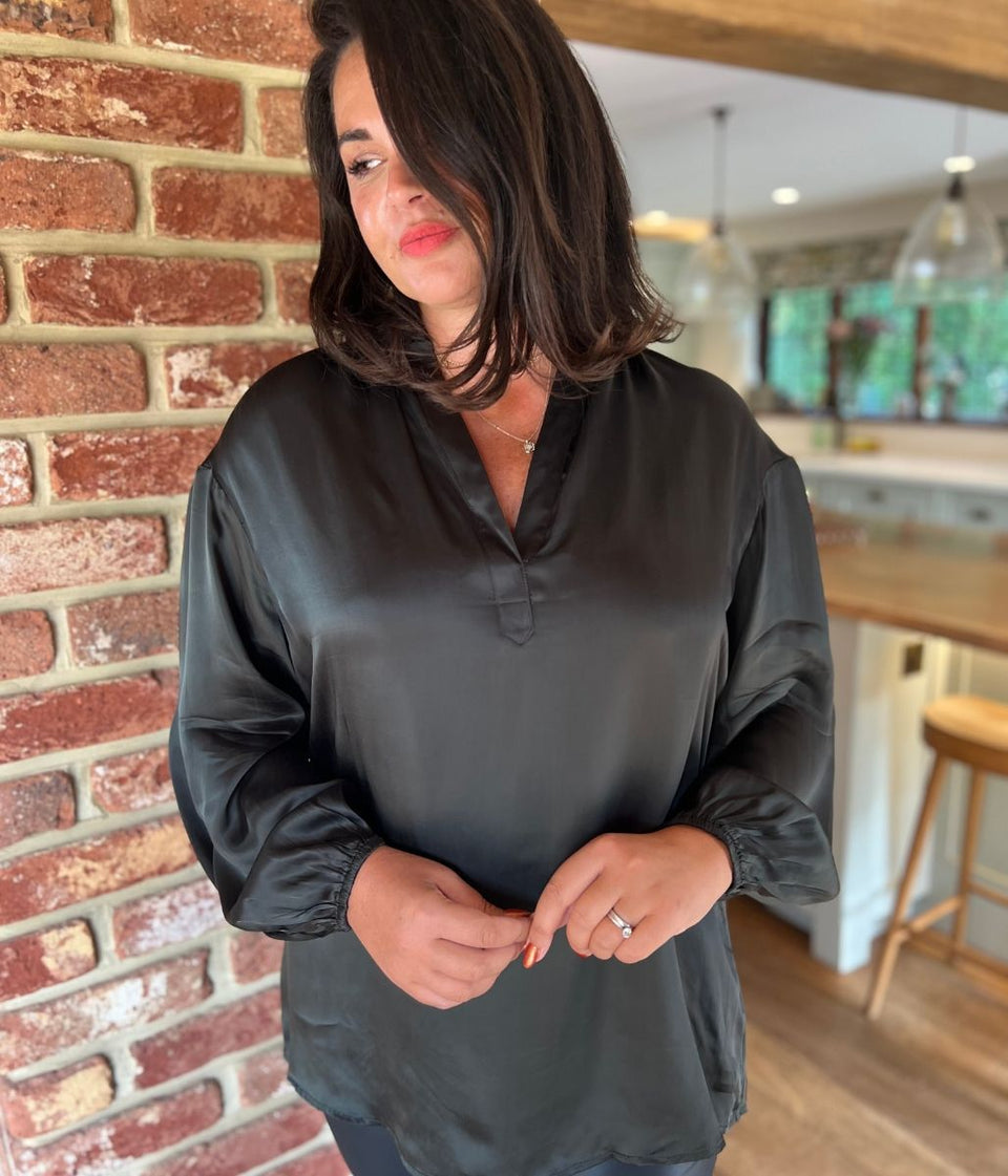 Dark Green Satin Popover Blouse