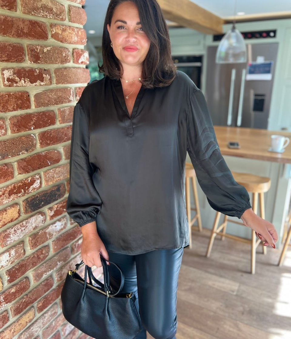 Dark Green Satin Popover Blouse