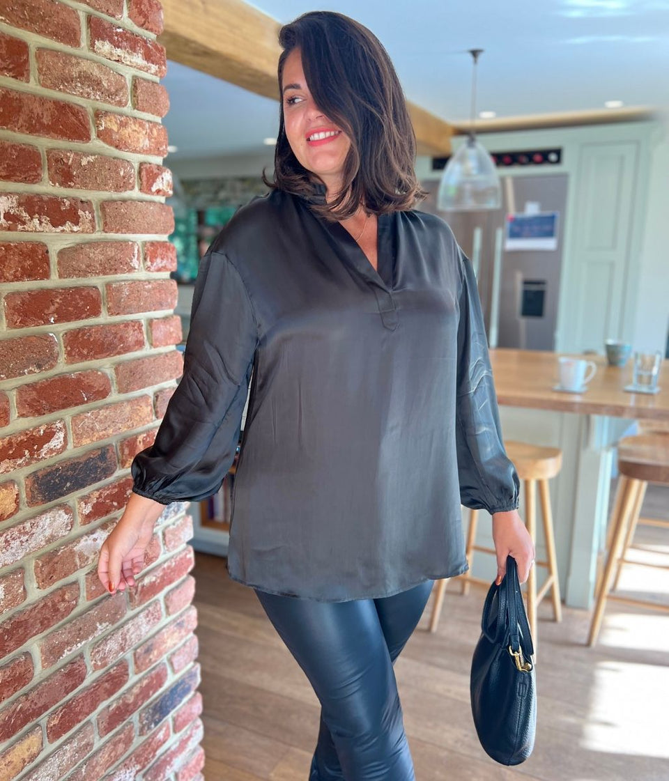 Dark Green Satin Popover Blouse