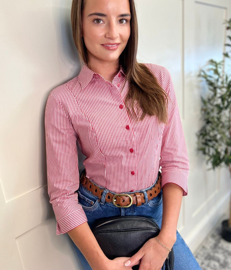 Red Pin Stripe Cotton Rich Fitted Shirt