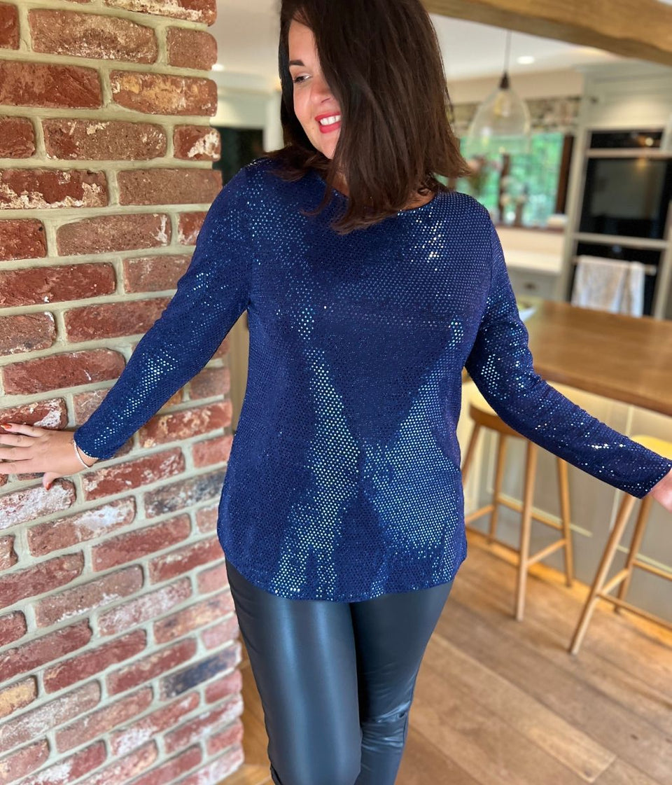 Blue Sparkle Cowl Back Tunic Top