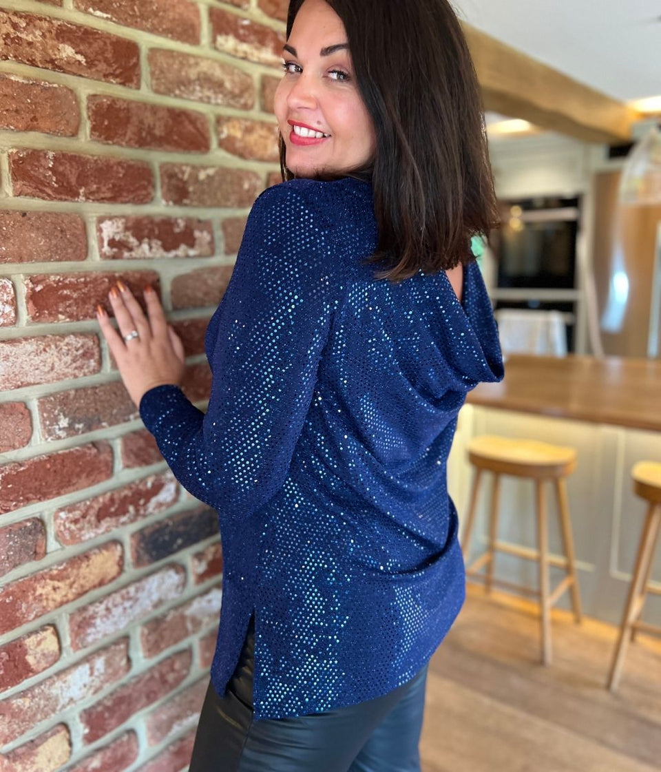 Blue Sparkle Cowl Back Tunic Top