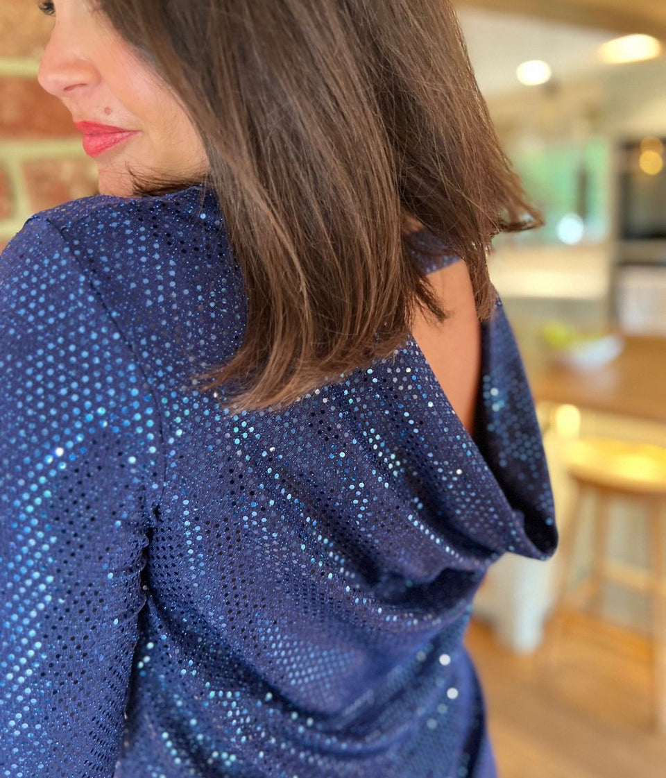 Blue Sparkle Cowl Back Tunic Top