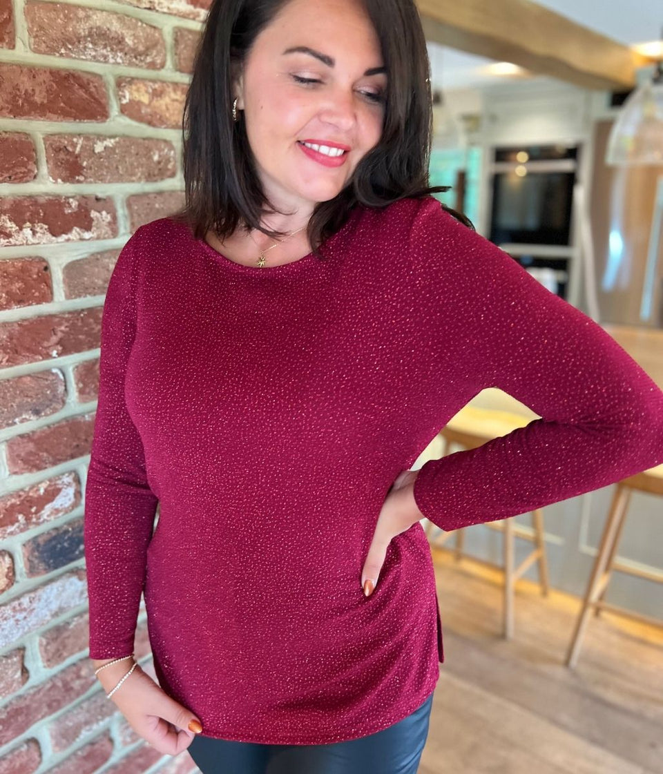 Red Sparkle Cowl Back Tunic Top