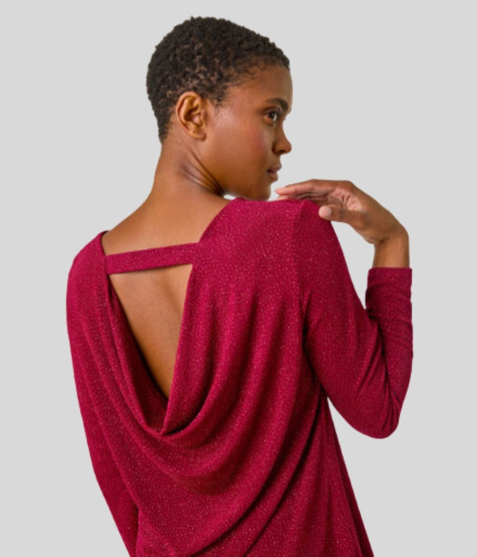 Red Sparkle Cowl Back Tunic Top