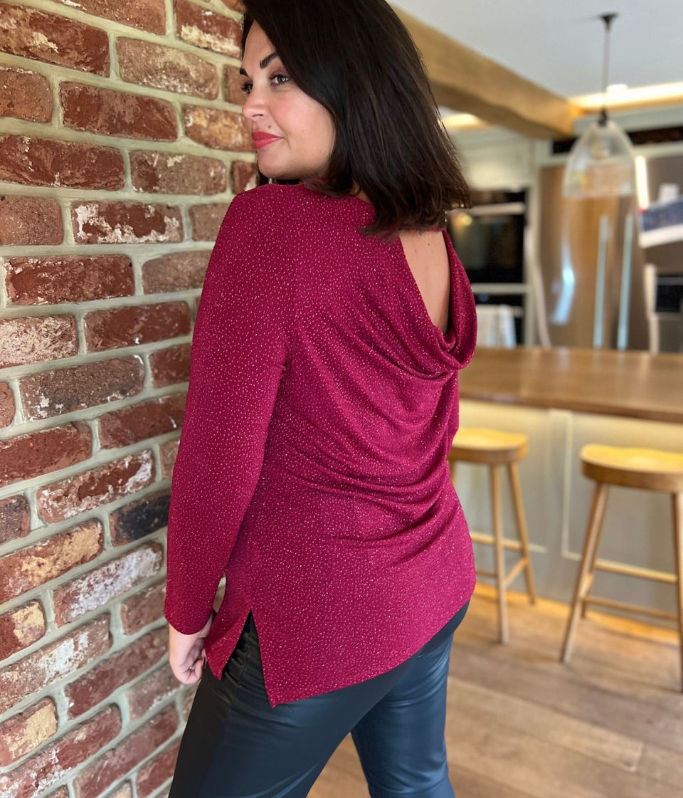 Red Sparkle Cowl Back Tunic Top