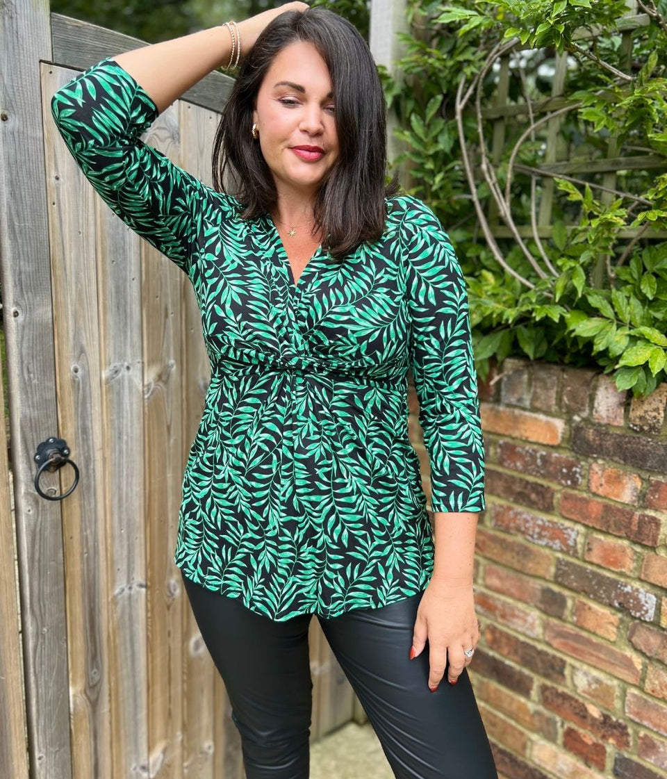 Green Leaf Print Twist Front Tunic Top