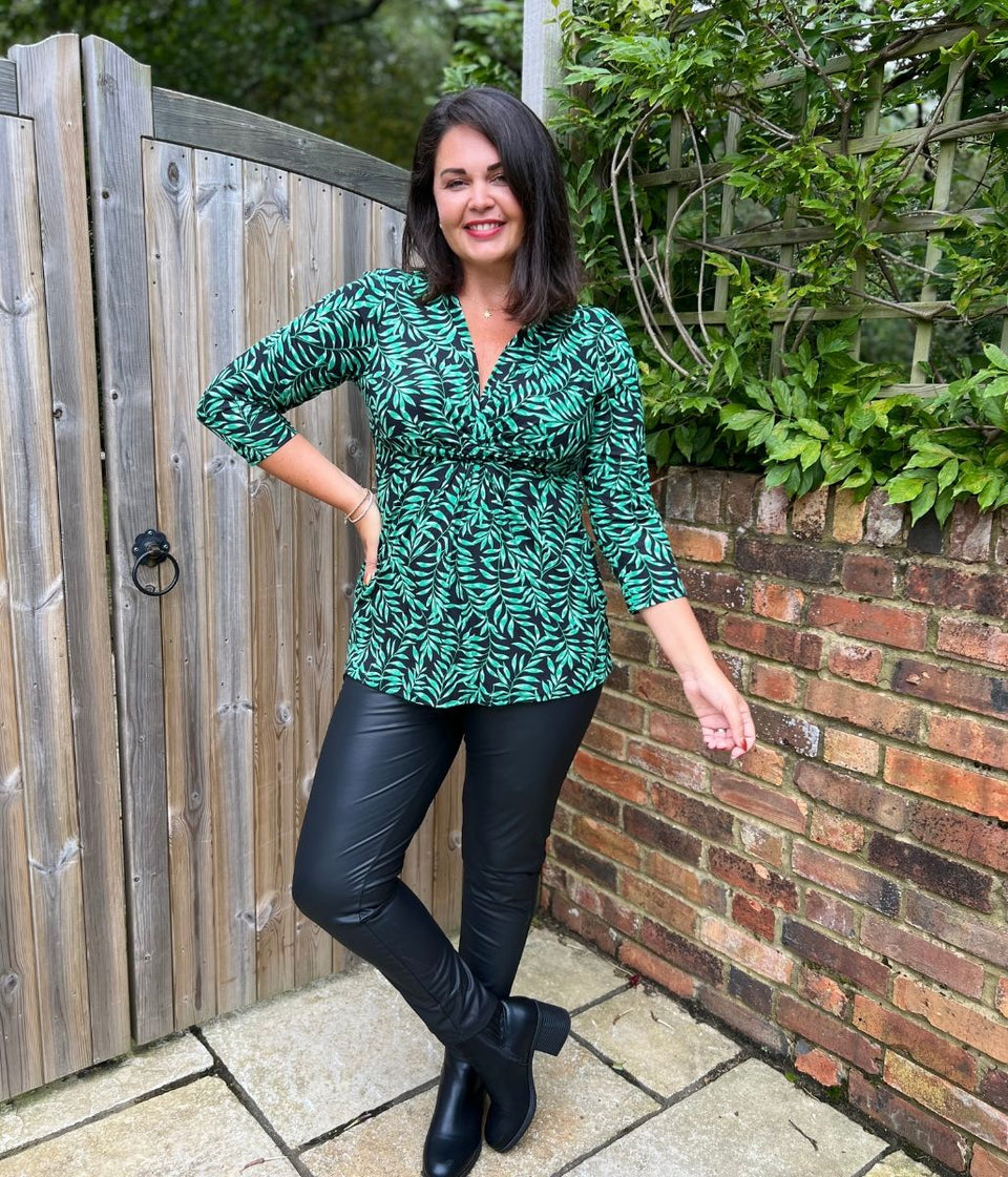 Green Leaf Print Twist Front Tunic Top