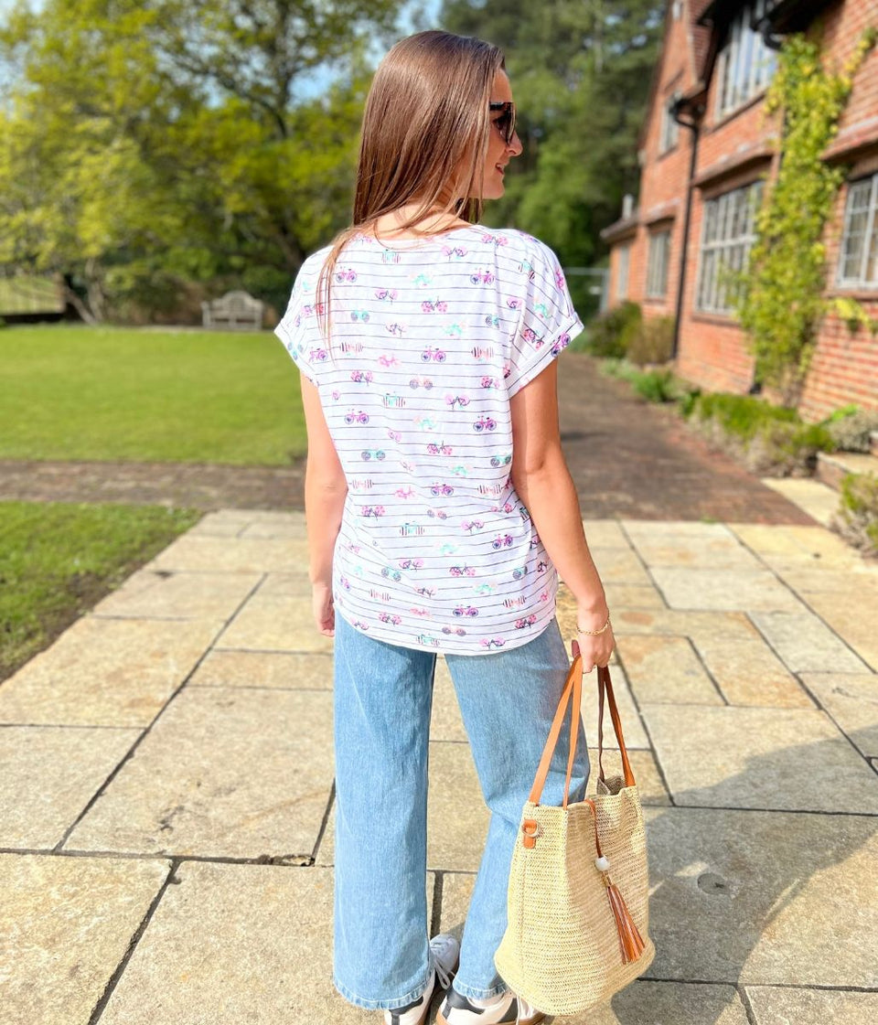 White Bicycle Print Striped Top