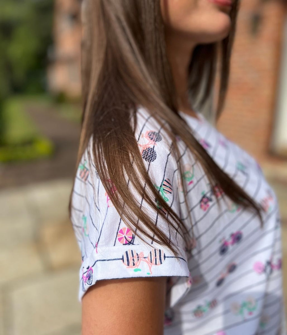 White Bicycle Print Striped Top