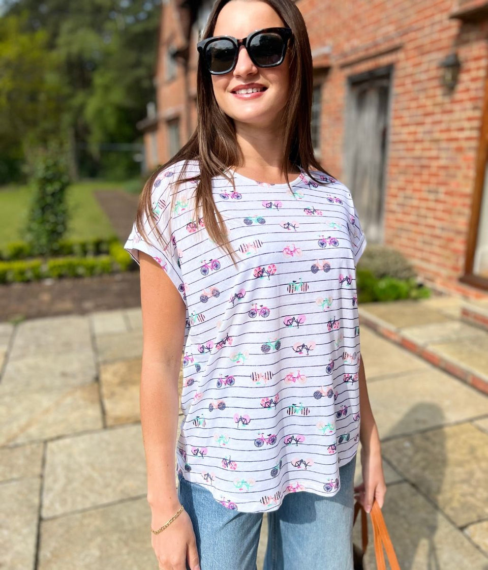 White Bicycle Print Striped Top