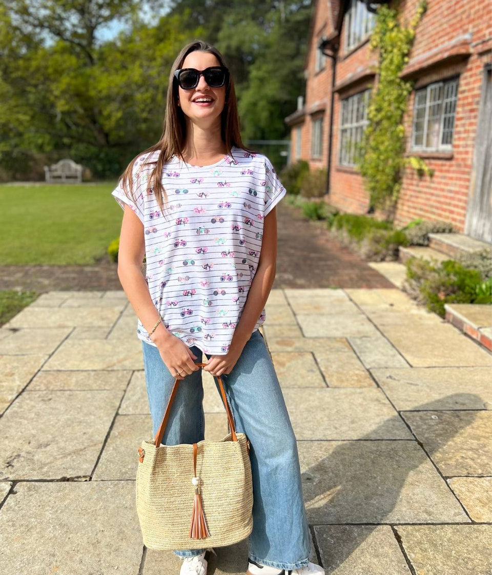 White Bicycle Print Striped Top