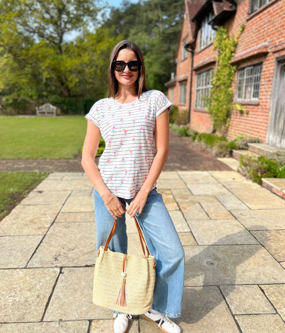Grey Cocktail Print Striped Top