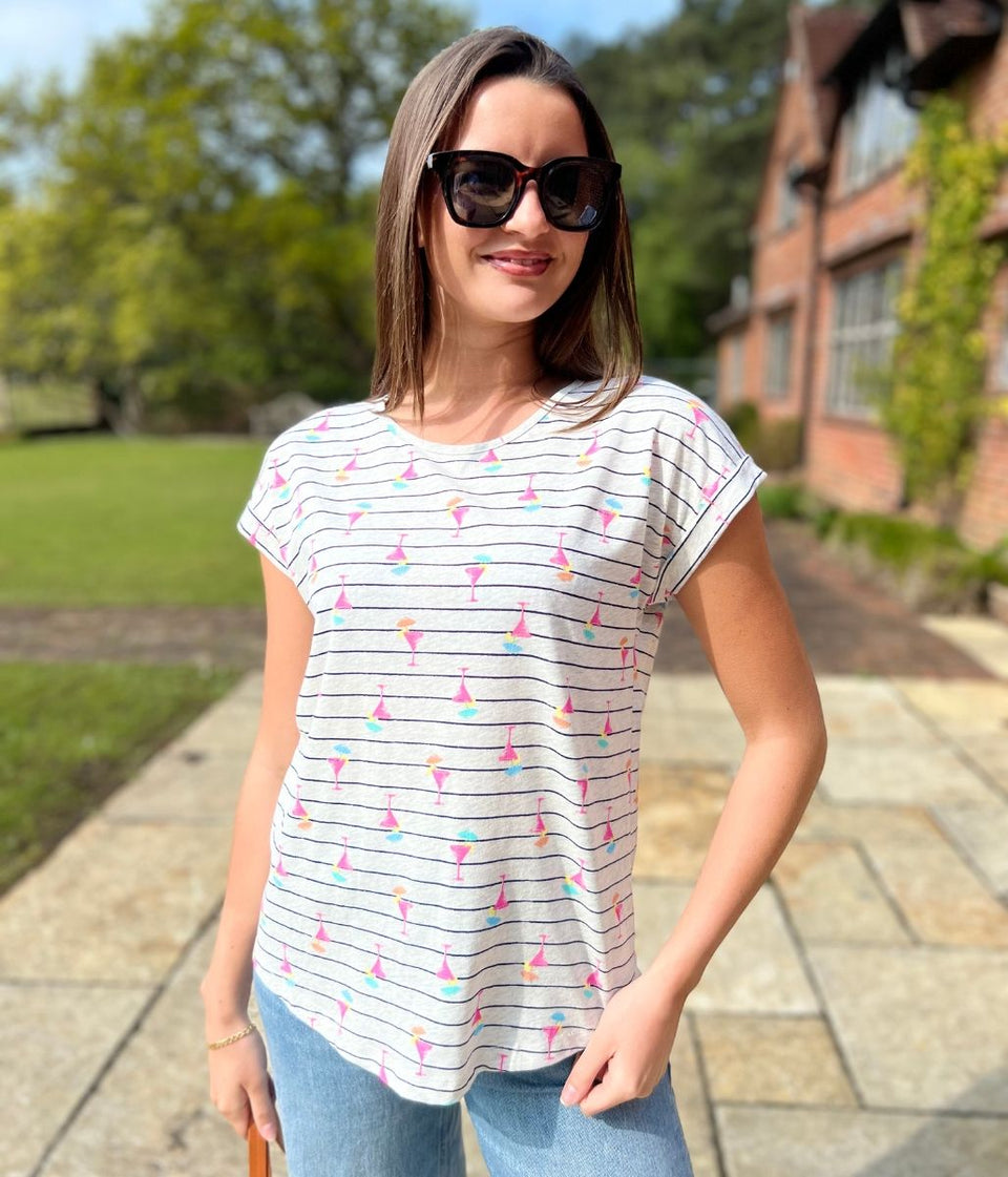 Grey Cocktail Print Striped Top