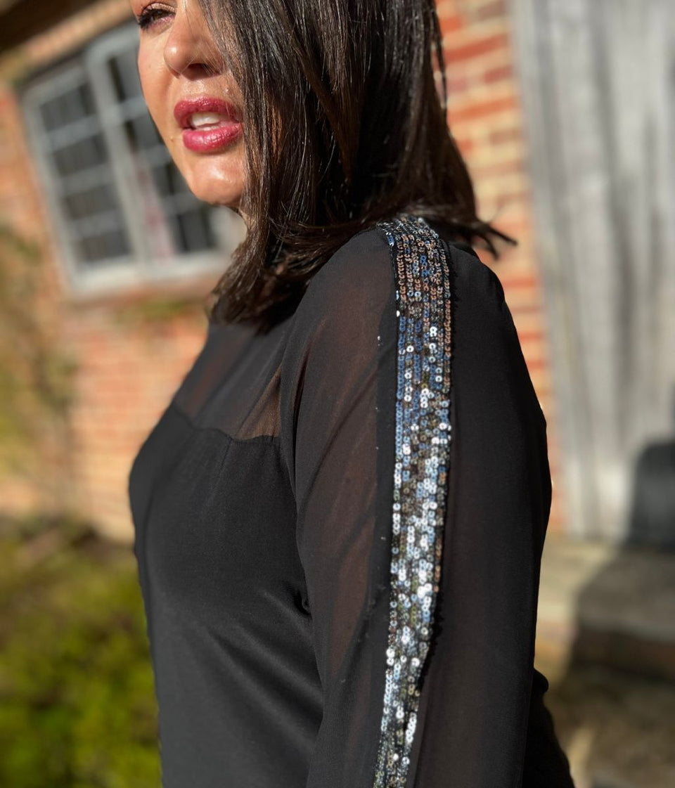 Black Sequin Trim Long Sleeve Top