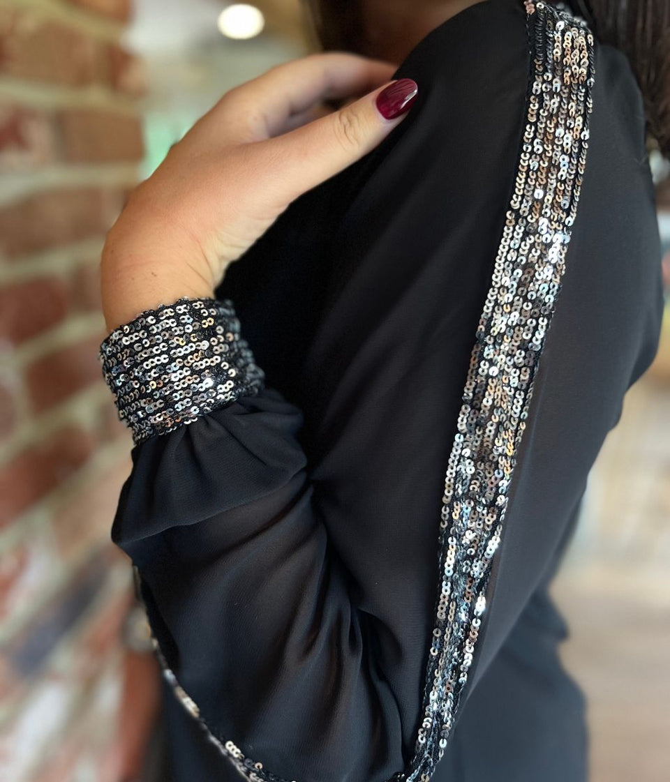 Black Sequin Trim Long Sleeve Top