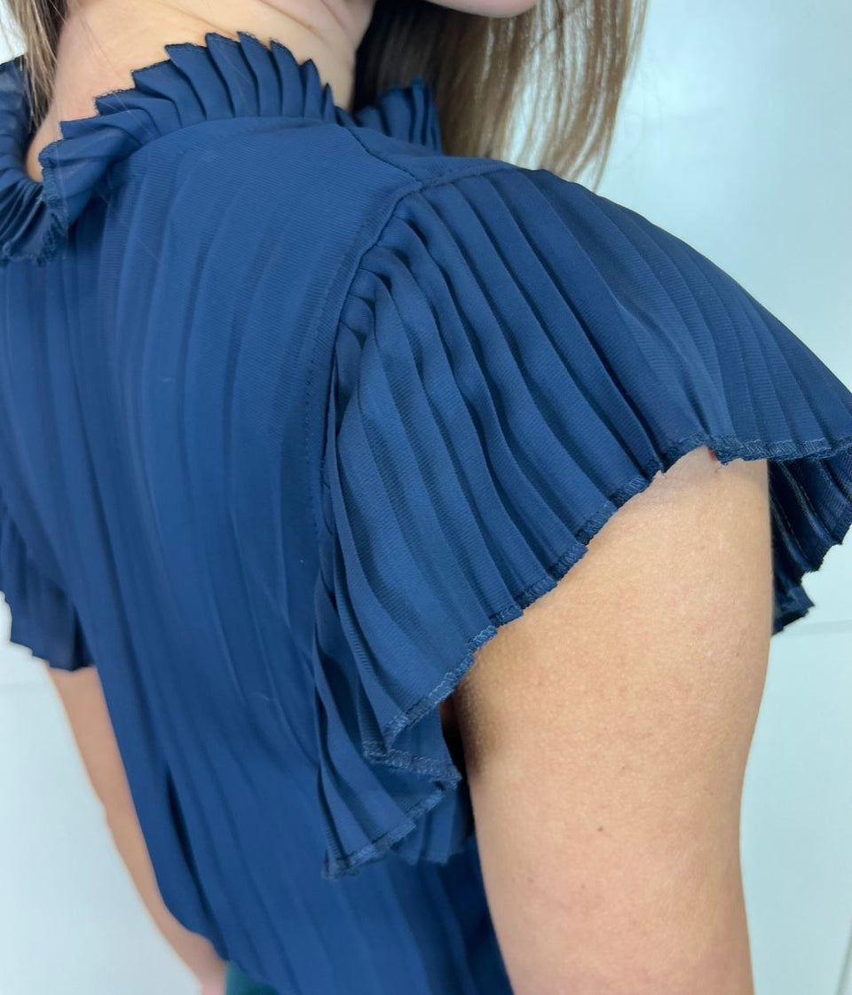 Navy Chiffon Pleated Top