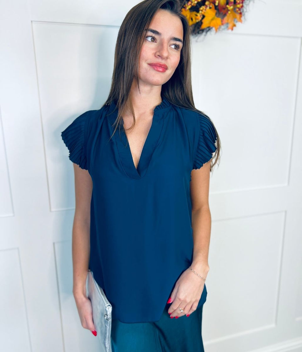 Navy Chiffon Pleated Top