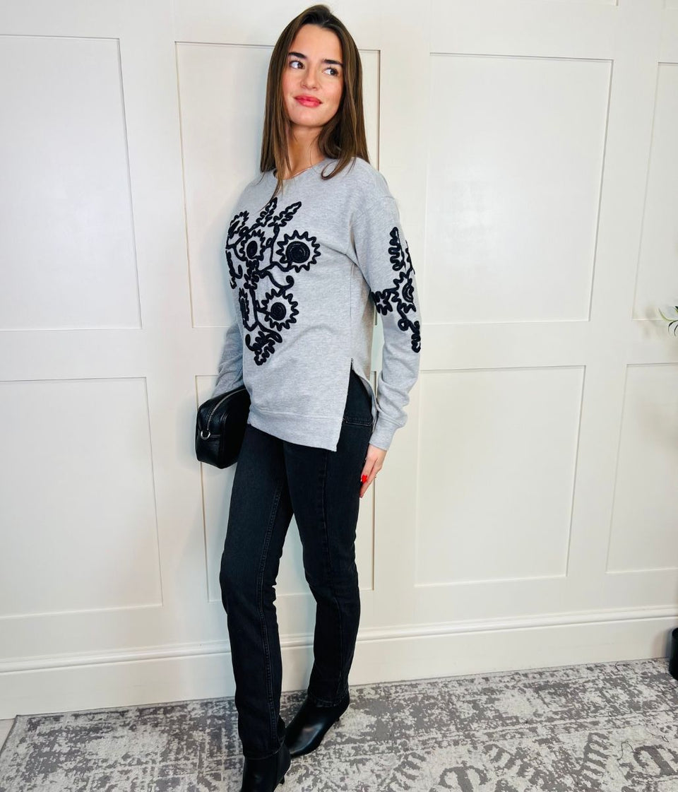 Grey Applique Embroidered Sweatshirt Jumper