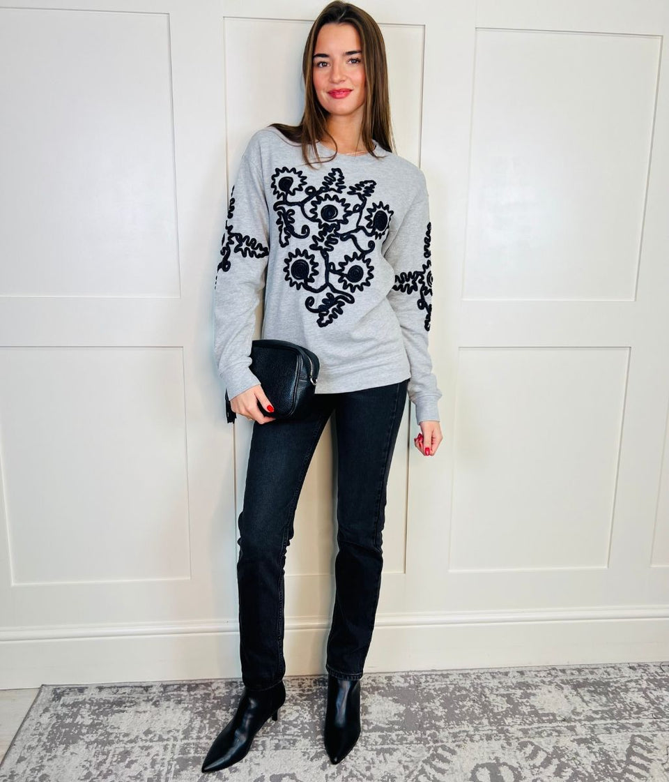 Grey Applique Embroidered Sweatshirt Jumper