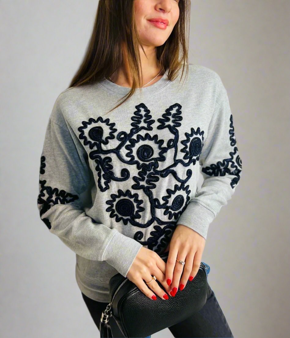 Grey Applique Embroidered Sweatshirt Jumper