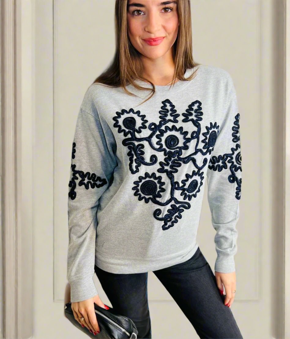 grey applique embroidered jumper