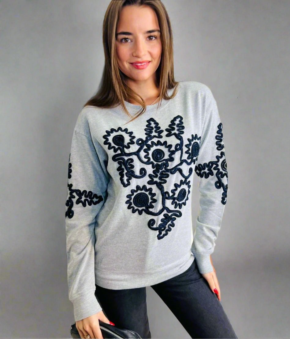 Grey Applique Embroidered Sweatshirt Jumper