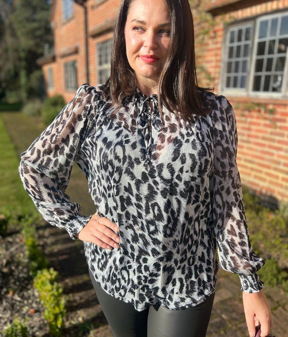 Grey Sparkle Animal Print High Neck Blouse