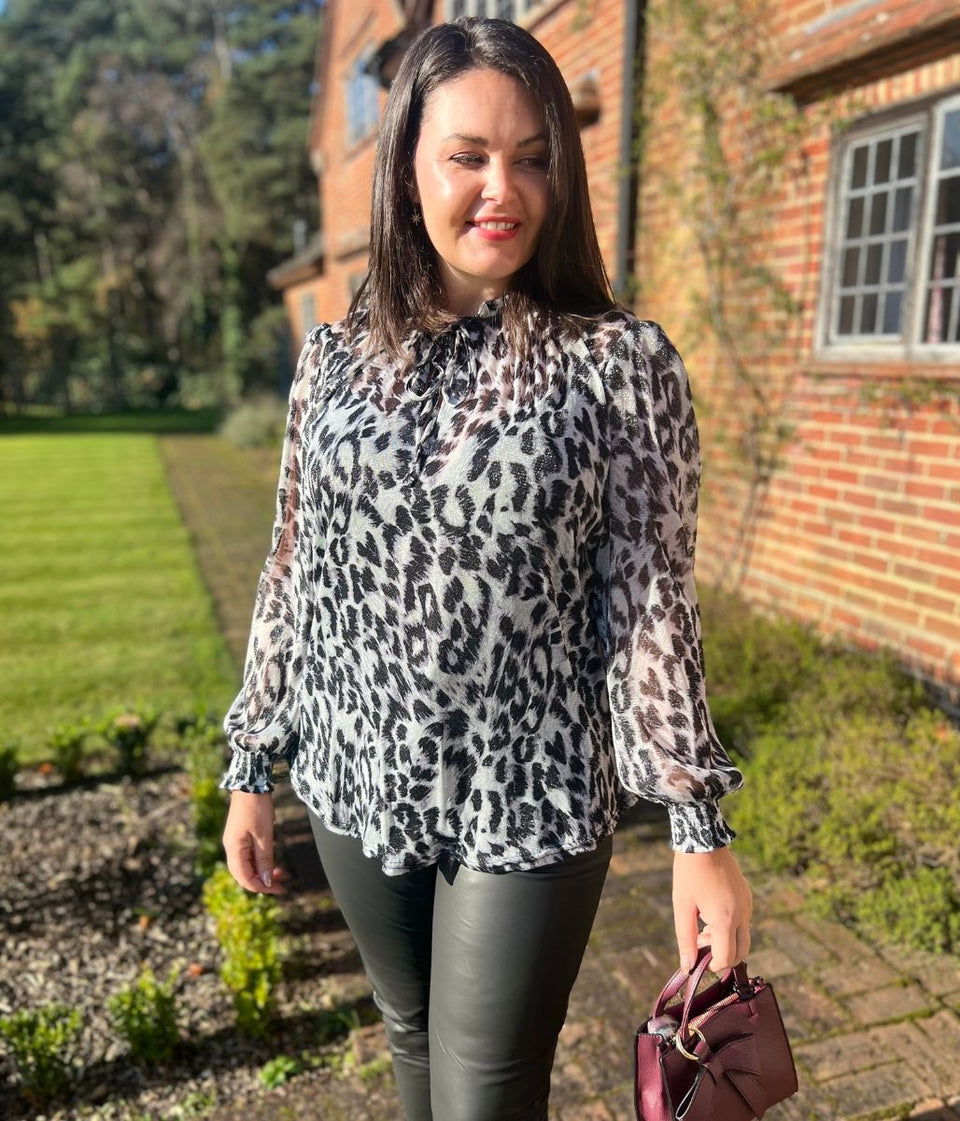 Grey Sparkle Animal Print High Neck Blouse