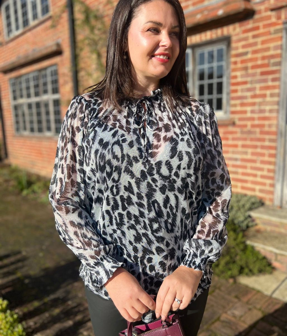 Grey Sparkle Animal Print High Neck Blouse